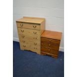 A TALL MODERN PINE FINISH CHEST OF FIVE DRAWERS and a three drawer bedside cabinet (2)