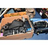 TWO TRAYS AND TWO SOFT CASES containing film SLR, instant and video cameras including a Canon EOS