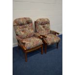 A PAIR OF WOODEN FRAMED ARMCHAIRS