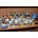 A GROUP OF CERAMICS, to include crested wares, W H Goss lustre chamberstick, Royal commemorative