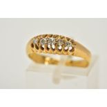 AN EARLY TWENTIETH CENTURY 18CT GOLD FIVE STONE DIAMOND RING, designed with five claw set old cut