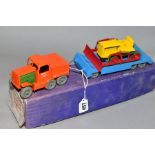 A BOXED LESNEY MOKO PRIME MOVER, TRAILER AND BULLDOZER, orange prime mover with both green engine