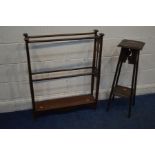 AN EARLY TWENTIETH CENTURY ARTS AND CRAFTS MAHOGANY TOWEL RAIL, together with an oak torchere