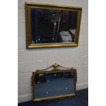 A MODERN GILT WOOD BEVELLED EDGE WALL MIRROR, 106cm x 76cm, together with another wall mirror (2)