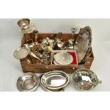 A BOX OF METALWARE, to include seven pewter napkin rings in the form of teapots, a large silver