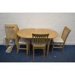 A MODERN BEECH EXTENDING DINING TABLE, four chairs (one chair dismantled) (5)