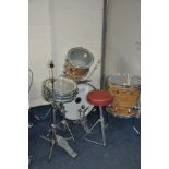 A 1978 ROGER DRUM KIT with butchers block finish, including a 22 inch x 14 inch kick drum, a 16 inch