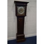 A GEORGE III OAK LONGCASE CLOCK, plain hood with glazed door enclosing a 9 1/2' brass and silvered