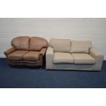 AN OATMEAL UPHOLSTERED TWO SEATER SETTEE, width 176cm together with a brown leather two seater