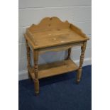 A VICTORIAN AND LATER PINE WASHSTAND, turned legs united by an undershelf, width 73cm x depth 41cm x
