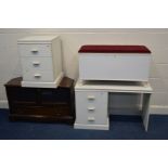 A MODERN PAINTED WHITE DESK, together with a matching bedside cabinet, modern mahogany tv stand