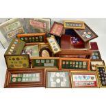 TWO BOXES OF COIN AND STAMP RELATED ITEMS to include framed early Victorian postage stamps, and