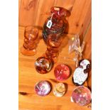 A SMALL GROUP OF GLASSWARE, to include Mdina vase, trail decoration on amber ground, height 19cm,