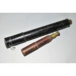 A BRASS THREE DRAW TELESCOPE WITH LEATHER TO THE HOUSING, unbranded, damage to the eyepiece lens,