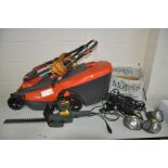 A FLYMO C34C ELECTRIC LAWN MOWER with grass box, three garden rock lights with power supply (both
