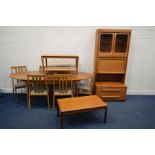 A 1980'S TEAK OVAL TOPPED EXTENDING DINING TABLE, one additional fold out leaf, extended length