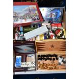 A BOX AND LOOSE VARIOUS GAMES, PLAYING CARDS etc, to include chess set, draughts, games