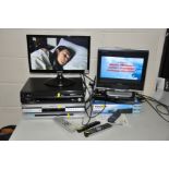 A SAMSUNG 19'' FSTV, a Toshiba 15'' FSTV, a Sony DVD player, a Panasonic DVD recorder (needs