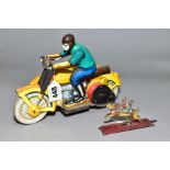 A TINPLATE CLOCKWORK MOTORBIKE AND SIDECAR, not marked, possibly Russian, playworn condition, some