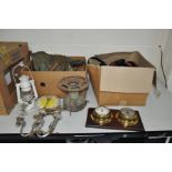 A TRAY AND BOX CONTAINING VINTAGE TOOLS, blow lamps, a barometer, a clock and a quantity of new