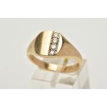 A 9CT GOLD GENTLEMANS DIAMOND SIGNET RING, the plain polished square design set with a row of