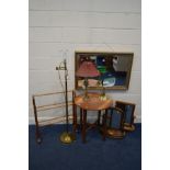 A MODERN GILT FRAMED BEVELLED EDGE WALL MIRROR, 98cm x 67cm, together with a teak circular