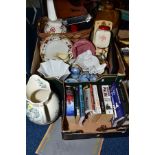 TWO BOXES AND A BASKET OF BOOKS, CERAMICS AND LOOSE, including a late Victorian blue and white