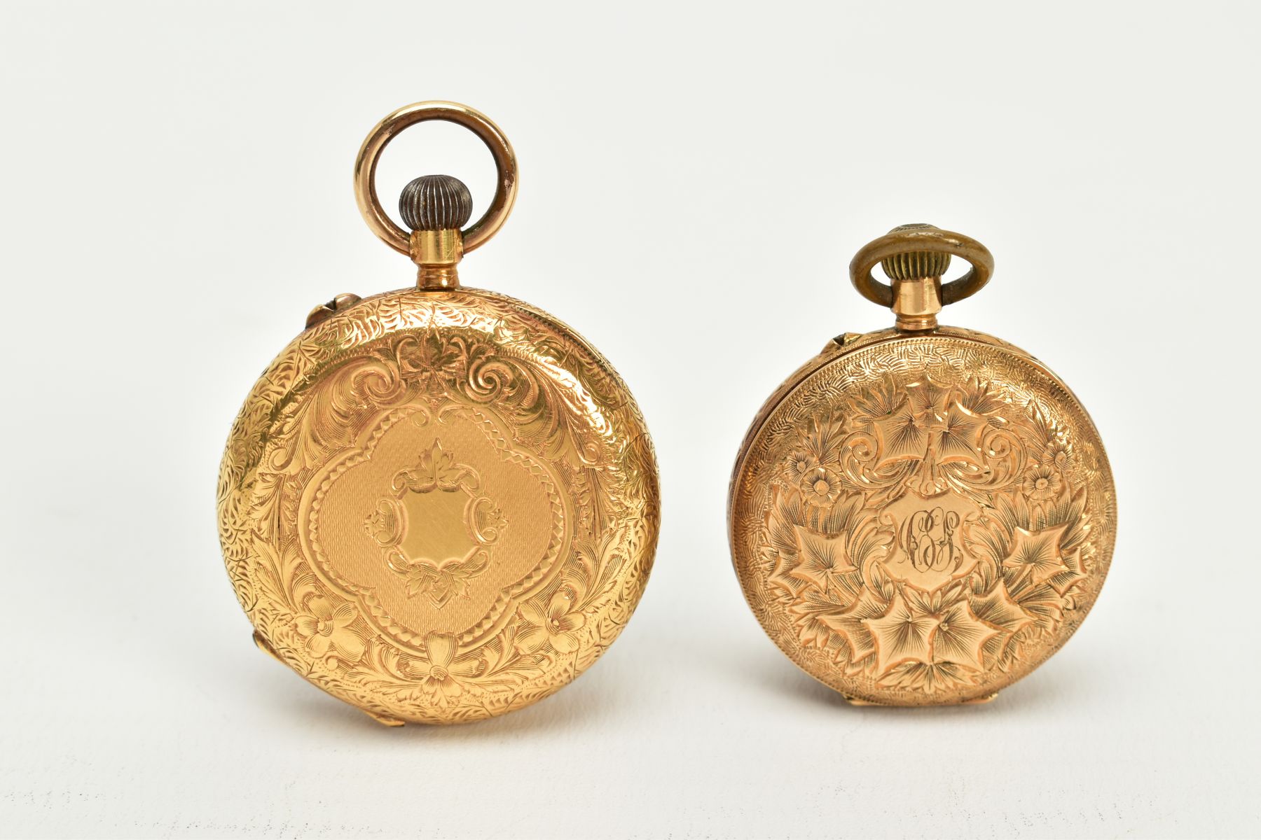 TWO OPEN FACED POCKET WATCHES, the first with a gold coloured floral detailed dial, roman - Image 2 of 8