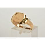 A GOLD SIGNET RING, square shaped head, initials engraved (very worn), ring size R, stamped '9c',