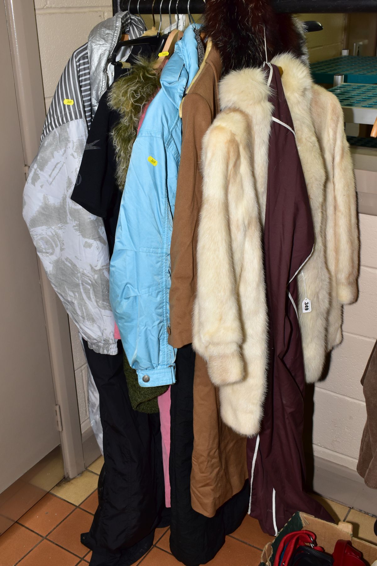 LADIES CLOTHES, to include a white mink fur coat, measurers 53cm arm pit to arm pit length 73cm,