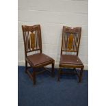 A PAIR OF EARLY TWENTIETH CENTURY OAK ARTS AND CRAFTS CHAIRS, carved top rail , above a spindled and