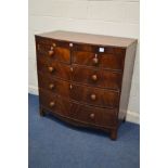 A VICTORIAN MAHOGANY BOW FRONT CHEST OF TWO OVER THREE LONG GRADUATED DRAWERS, on bracket feet,