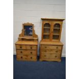 A VICTORIAN PINE CHEST OF TWO SHORT OVER TWO LONG DRAWERS, with a separate mirror top, width 89cm