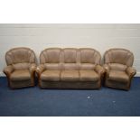 A BROWN LEATHER THREE PIECE SUITE, comprising a three seater settee and a pair of armchairs