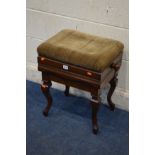 AN EDWARDIAN MAHOGANY RISE AND FALL PIANO STOOL, width 46cm x depth 37cm x height 57cm