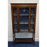 AN EDWARDIAN MAHOGANY INLAID AND STRUNG DISPLAY CABINET, with a single central door enclosing two