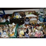 SIX BOXES AND LOOSE OF MISCELLANEOUS CERAMICS AND GLASSWARE, including amber dressing table set,