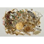 A SELECTION OF COSTUME JEWELLERY, to include a mounted yellow metal Elizabeth II 1977