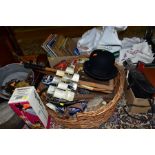 FOUR BOXES OF TABLE LINEN, RECORDS, TREEN, MOVIE CAMERA, BINOCULARS, WICKER DOG BASKET ETC,