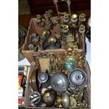 TWO BOXES OF METALWARES, including pewter teawares, Indian brassware, cast brass candlesticks and
