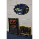 A CAFFREY'S PUB MIRROR, together with an oval metal bevelled edge wall mirror and a gilt and