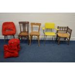 FIVE VARIOUS CHAIRS OF VARIOUS AGES, STYLES AND MATERIALS and a stool and cushion to match on