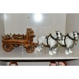 TWO BESWICK SHIRE HORSES AND A WOODEN DRAY WITH BARRELS, the grey gloss shires model no. 818,