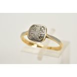 A YELLOW METAL DIAMOND RING, of square design set with four single cut diamonds, tapered