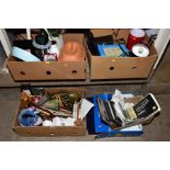 FOUR BOXES OF MISCELLANEOUS ITEMS, including a collection of watercolour and oil painting brushes,
