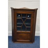 A GEORGIAN OAK ASTRAGAL GLAZED AND PANELLED SINGLE DOOR HANGING CORNER CUPBOARD, width 67cm x