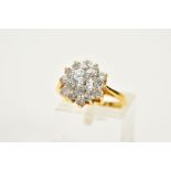 A CUBIC ZIRCONIA ROUND CLUSTER RING, ring size K, unmarked tested as approximately 18ct-22ct gold,