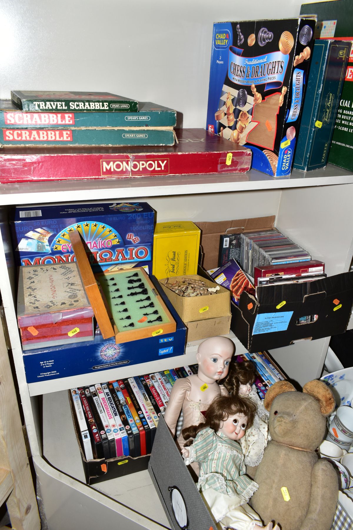 A QUANTITY OF DOLLS, BOARD GAMES, CD'S AND DVD'S, dolls include modern reproduction, Creations