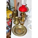 A BRASS ECCLES MINERS LAMP, an oil lamp, height including shade approximately 51cm, a brass