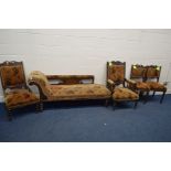AN EDWARDIAN MAHOGANY FIVE PIECE PARLOUR SUITE, comprising a chaise lounge, length 175cm, pair of